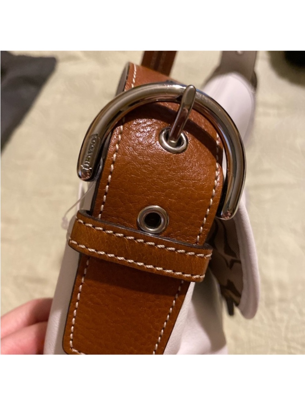 Coach White SoHo Leather Shoulder Bag with Brown Trim and Buckle - Picture 7 of 14